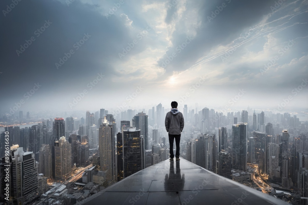 Person stands on rooftop overlooking vast urban landscape under cloudy sky Person stands on rooftop overlooking vast urban landscape under cloudy sky