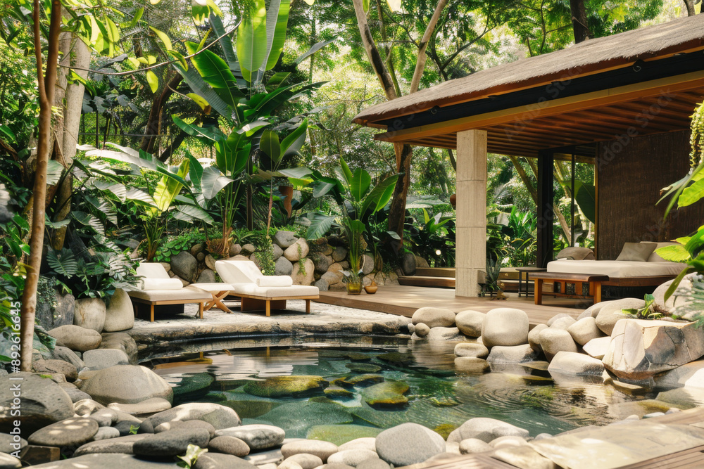 Tropical spa with pool, big stones and relaxing outdoor massage area Tropical spa with pool, big stones and relaxing outdoor massage area