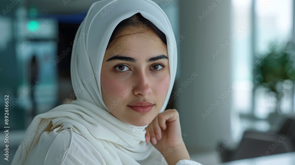 Hijab girl looking thoughtful, clean minimal office, seeing in camera, white setting, ultra-wide angle shot, professional photography. Hijab girl looking thoughtful, clean minimal office, seeing in camera, white setting, ultra-wide angle shot, professional photography.