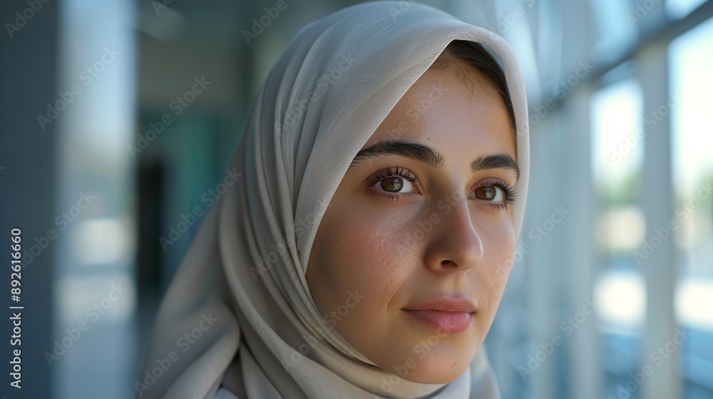 Hijab girl looking thoughtful, clean minimal office, seeing in camera, white setting, ultra-wide angle shot, professional photography. Hijab girl looking thoughtful, clean minimal office, seeing in camera, white setting, ultra-wide angle shot, professional photography.