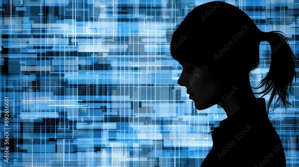 A silhouette of a woman with her hair pulled back in a ponytail, looking down with a serious expression, stands in front of a blue digital background with abstract shapes A silhouette of a woman with her hair pulled back in a ponytail, looking down with a serious expression, stands in front of a blue digital background with abstract shapes