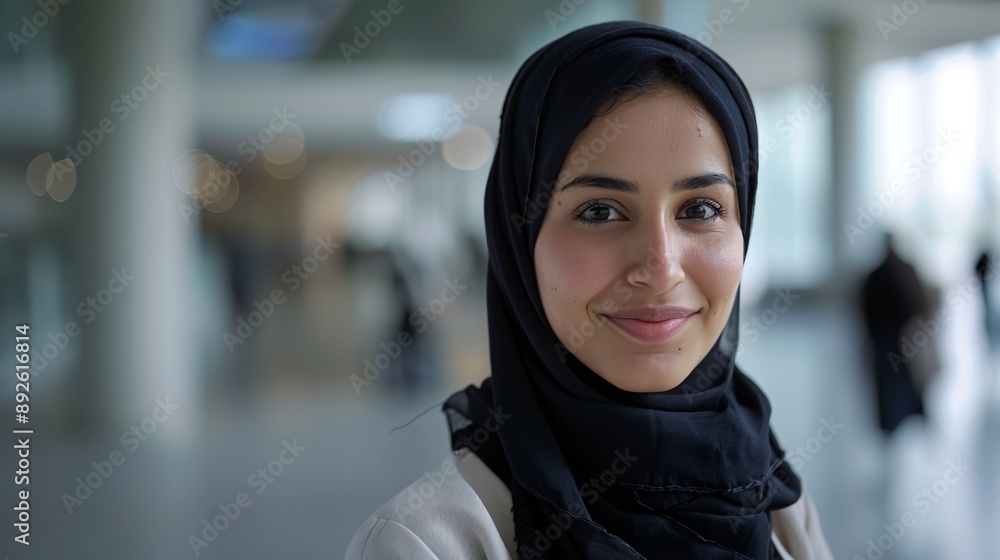 Hijab girl smiling portrait, clean minimal office, seeing in camera, white setting, ultra-wide angle shot, professional photography. Hijab girl smiling portrait, clean minimal office, seeing in camera, white setting, ultra-wide angle shot, professional photography.