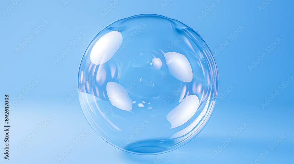 Single Soap Bubble on Blue Background: Close-Up on Bubble with Light Reflections - Minimalistic Background with Copy Space. Single Soap Bubble on Blue Background: Close-Up on Bubble with Light Reflections - Minimalistic Background with Copy Space.