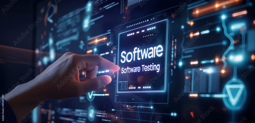 A hand touches a digital screen with text Software Testing and icons. Defects, bugs, errors in codes, Quality assurance, digital technology, AI. A hand touches a digital screen with text Software Testing and icons. Defects, bugs, errors in codes, Quality assurance, digital technology, AI.