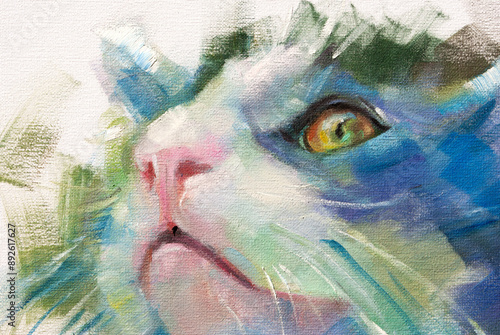 Dipinto a olio artistico con prospettiva dal basso del muso di un gatto con naso rosa e grandi occhi dorati sfumato nei toni del blu e del verde
