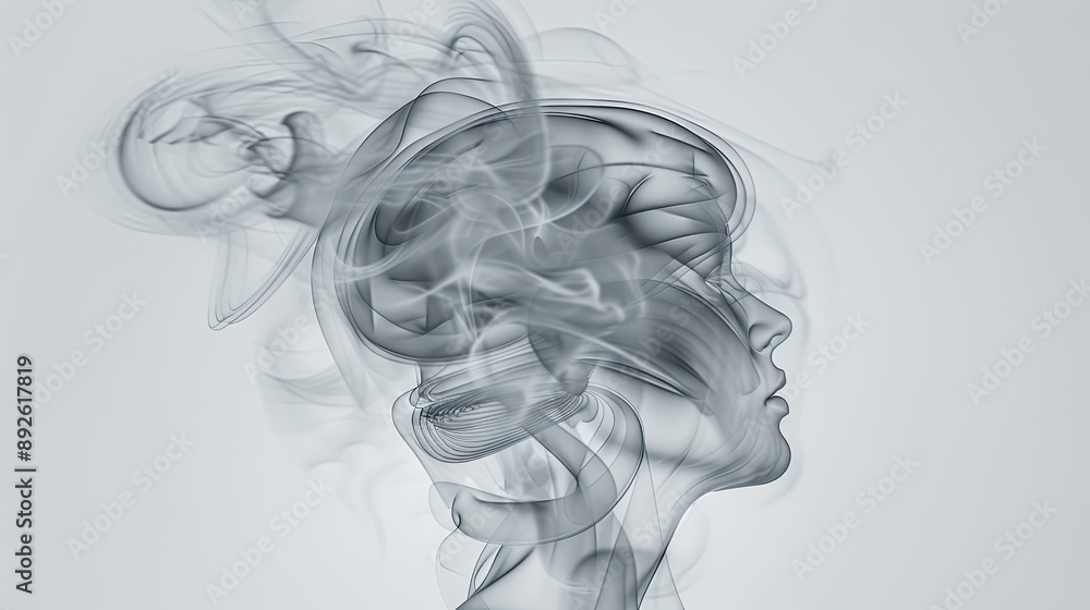 Fototapeta premium A digital illustration depicts a stylized female face wrapped in flowing white fabric against a dark green background. The fabric appears translucent, allowing the contours of the face to be visible