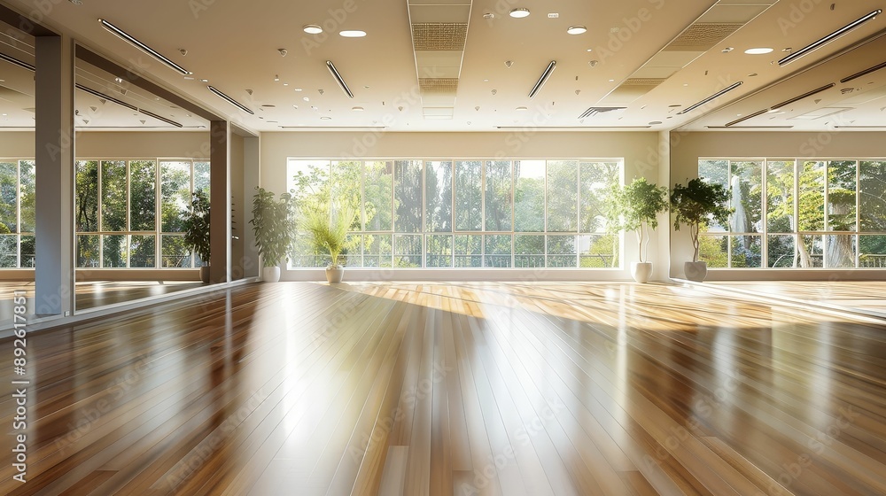 A spacious aerobics studio with a mirrored wall, hardwood floors, and a variety of fitness equipment, lively and energetic, photorealistic, natural lighting, highresolution photo A spacious aerobics studio with a mirrored wall, hardwood floors, and a variety of fitness equipment, lively and energetic, photorealistic, natural lighting, highresolution photo