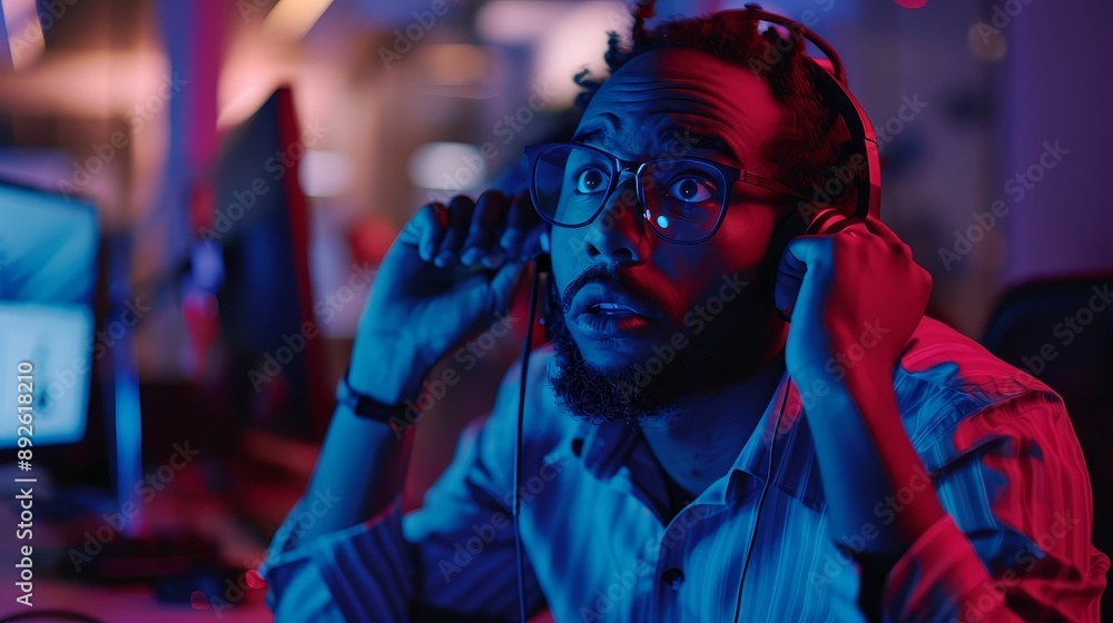 A tech support worker on a call, overwhelmed and stressed, realistic, bright lighting, highresolution photo A tech support worker on a call, overwhelmed and stressed, realistic, bright lighting, highresolution photo