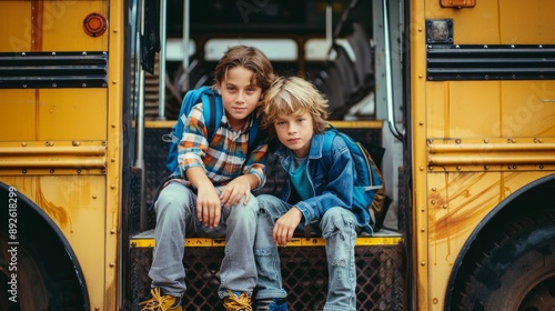 Two cute school boys sitting on the steps of a school bus. The concept of school and learning