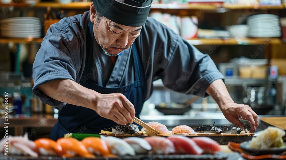 A sushi chef carefully preparing nigiri sushi with fresh fish A sushi chef carefully preparing nigiri sushi with fresh fish