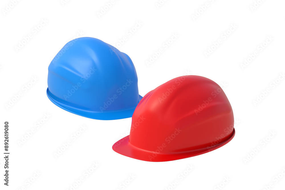 Fototapeta premium Two safety helmets isolated on white background. Plastic hard hat. Equipment for construction industry. 3d render