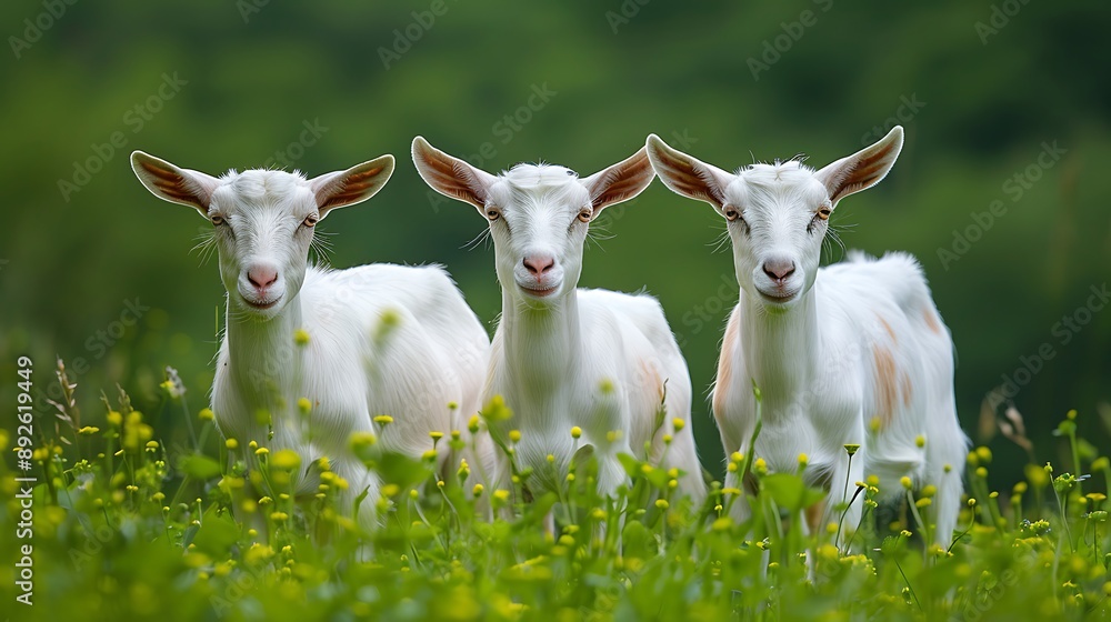 three white goats standing among green grass on a warm spring day three white goats standing among green grass on a warm spring day