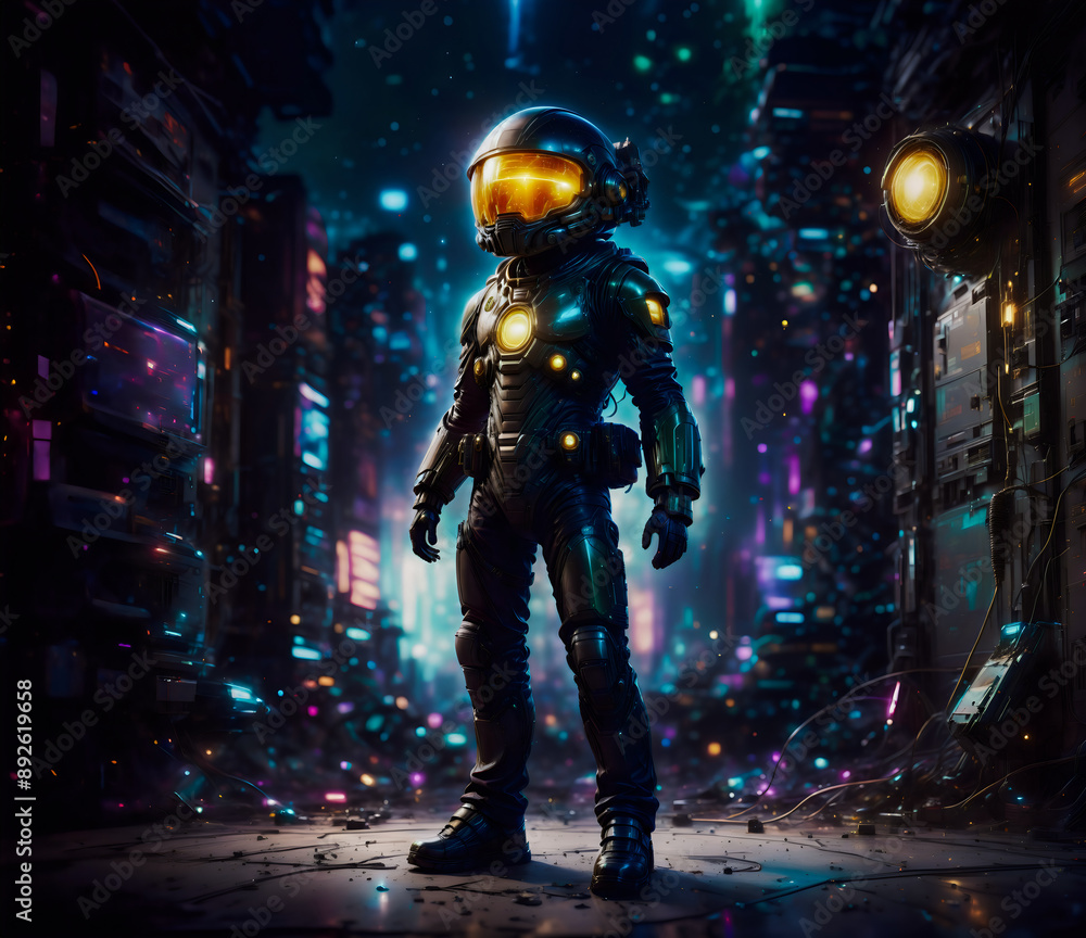 Fototapeta premium Mann in futuristischem Weltraumanzug umgeben von Technik-Türmen in düsterer Stimmung