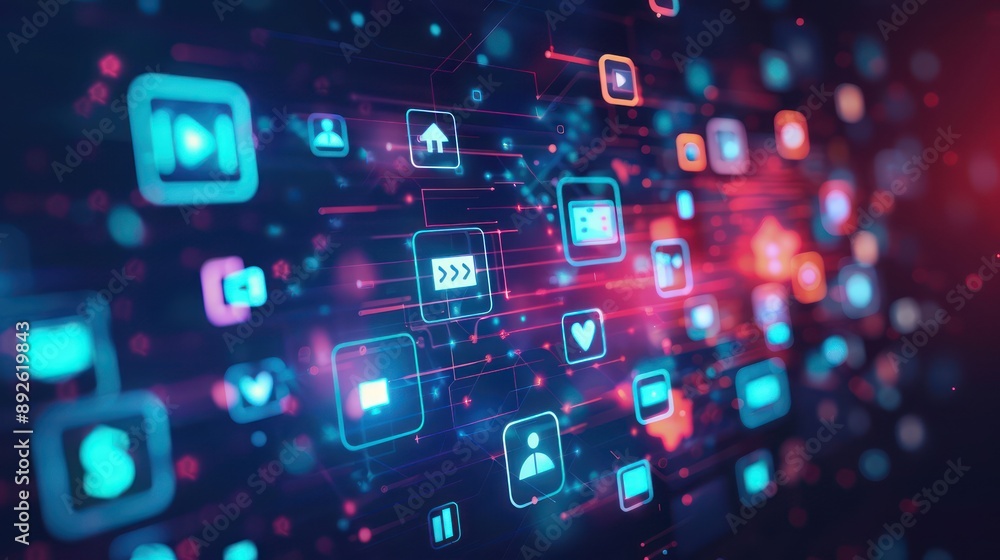 Abstract video marketing concept with digital icons representing video content creation and distribution Abstract video marketing concept with digital icons representing video content creation and distribution
