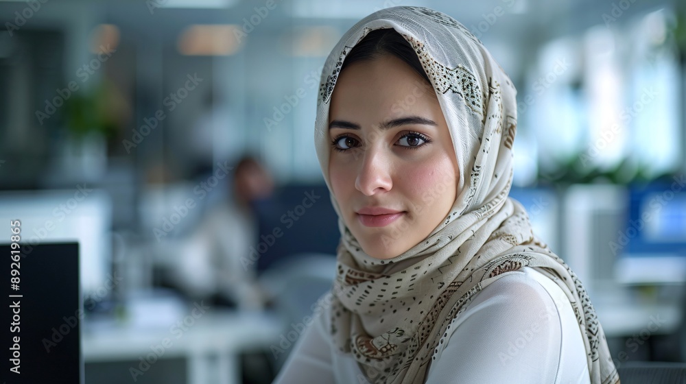 Professional mid-aged hijab woman, clean call center setting, discussing with a colleague, wide-angle shot, still life photo. Professional mid-aged hijab woman, clean call center setting, discussing with a colleague, wide-angle shot, still life photo.