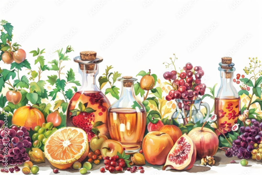 A serene outdoor setting featuring traditional Rosh Hashanah symbols, surrounded by lush greenery and vibrant flowers. The illustration exudes warmth and joy, perfect for the Jewish New Year. A serene outdoor setting featuring traditional Rosh Hashanah symbols, surrounded by lush greenery and vibrant flowers. The illustration exudes warmth and joy, perfect for the Jewish New Year.