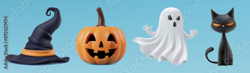 Halloween elements set. Cone witch hat, carved pumpkin, white scary ghost boo, black evil cat. Cute cartoon characters, spooky sticker pack. October sale symbols, fall party orange plasticine mascot