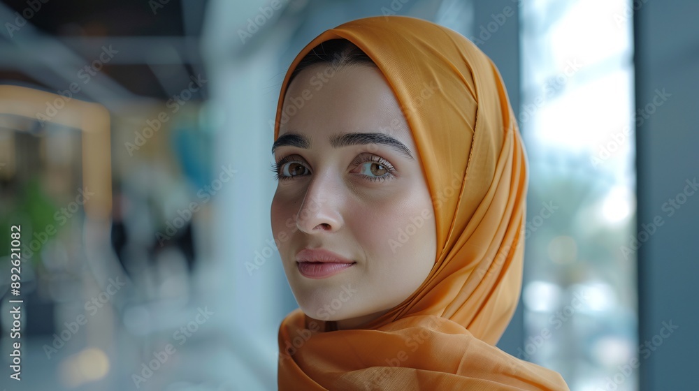 Side view of Hijab girl in diverse workspace. Side view of Hijab girl in diverse workspace.