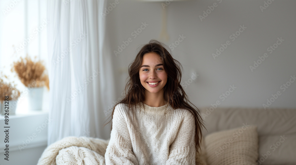 Happy brunette smiling. Young woman smiling, looking at the camera. White background. Bokeh effect. AI generative Happy brunette smiling. Young woman smiling, looking at the camera. White background. Bokeh effect. AI generative