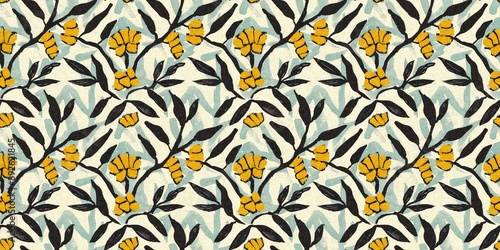 Modern printed fabric flower block print pattern with linen texture effect. Stylized boho dark floral for chic fashion background motif border design.