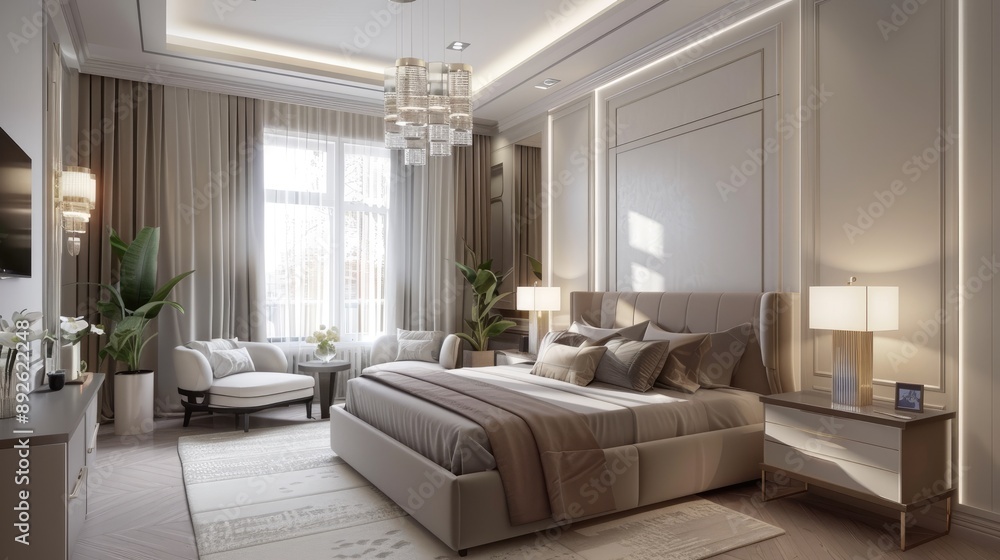 Fototapeta premium Bright and airy modern bedroom with a large bed, stylish furniture, and soft lighting.
