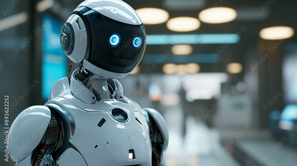 Futuristic humanoid robot with glowing blue eyes in modern facility
Futuristic humanoid robot with glowing blue eyes in modern facility
