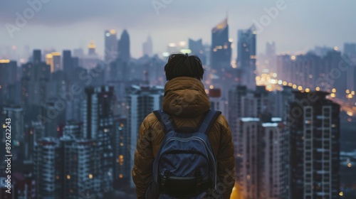 A person with a backpack looking at a city skyline