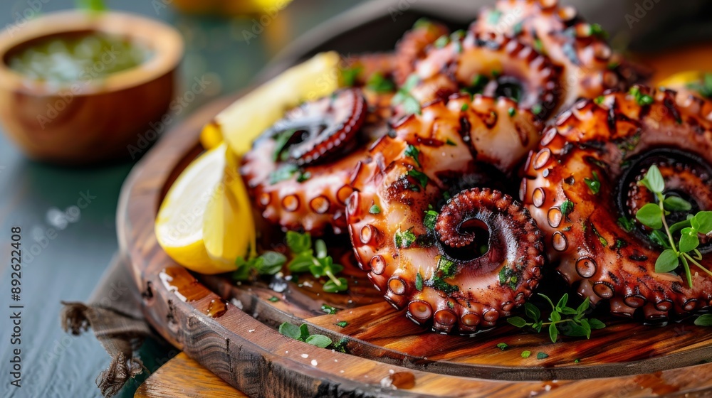 Freshly grilled octopus tentacles on a wooden plate, garnished with herbs and lemon Freshly grilled octopus tentacles on a wooden plate, garnished with herbs and lemon