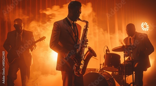 A cinematic shot of an all-black jazz band, standing on stage playing saxophone and drums.