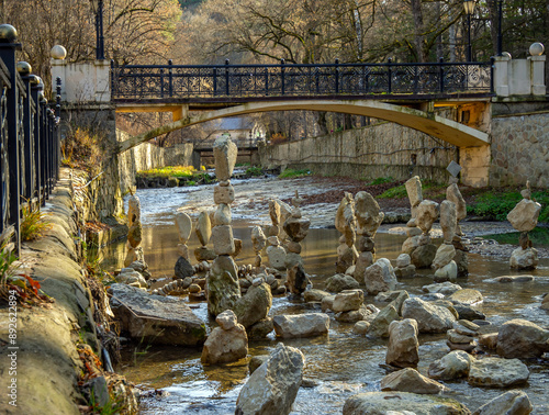 Pyramids of “balancing” stones in the bed of the Olkhovka River, Kislovodsk photo