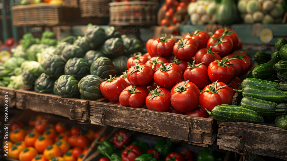 Tomatoes, artichokes and courgettes on wooden shelves in a greengrocers or farm type shop. Tomatoes, artichokes and courgettes on wooden shelves in a greengrocers or farm type shop.