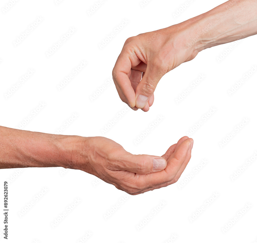 Hands giving, and cup-shaped palm taking and begging isolated on white background. Hands giving, and cup-shaped palm taking and begging isolated on white background.