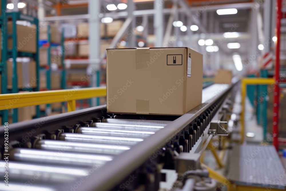 Single cardboard box on a conveyor belt system inside a modern warehouse Single cardboard box on a conveyor belt system inside a modern warehouse
