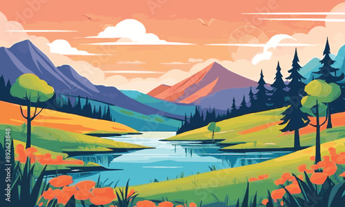 Beauty of nature with a river, hills, forests, and mountains vector Illustration.