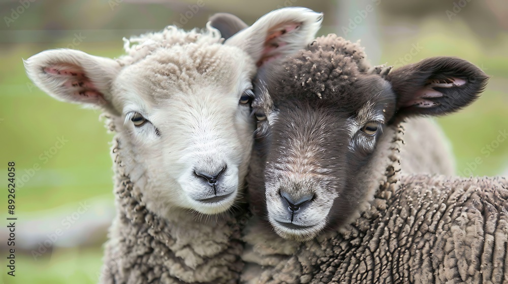 Two young sheep embracing and showing affection Two young sheep embracing and showing affection
