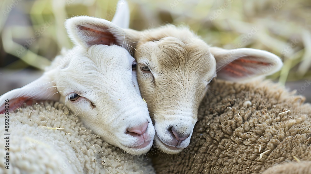 Obraz premium Two young sheep embracing and showing affection