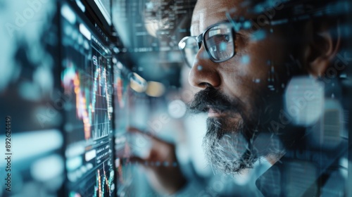 A person is seen interacting with a screen displaying various stock market charts and data, depicting financial analysis and real-time market monitoring. photo