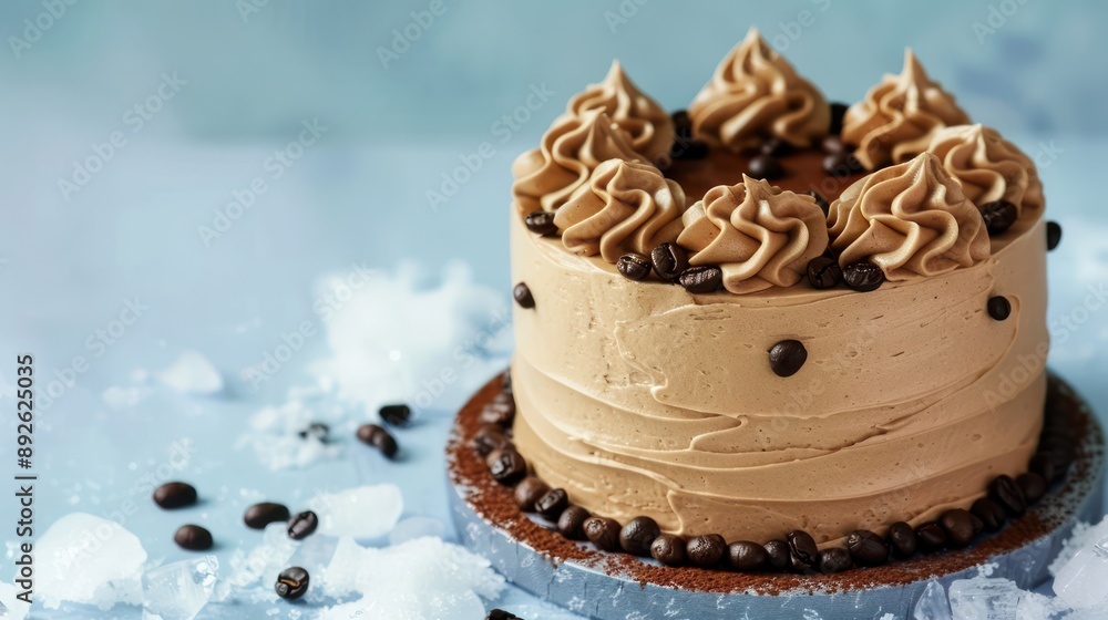 bold espresso cake with coffee bean decorations, set against a crisp ice blue backdrop bold espresso cake with coffee bean decorations, set against a crisp ice blue backdrop