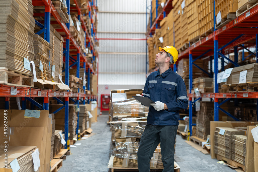 Man warehouse worker wearing uniform and helmet safety standing with clipboard for checking stock products on shelves in warehouse Man warehouse worker wearing uniform and helmet safety standing with clipboard for checking stock products on shelves in warehouse