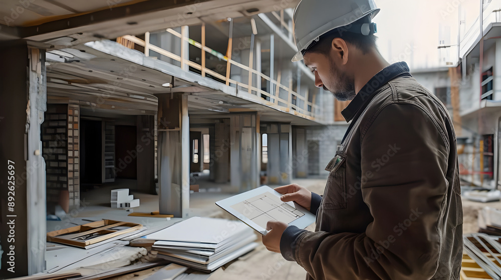 An architect wearing a hard hat reviews construction plans on a tablet at a building site with partially constructed structures.