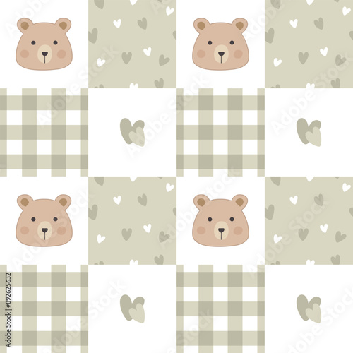 Seamless pattern with hearts and bears on a checkered background. Baby background in a pastel palette. Perfect for  for wrapping paper, clothes, textiles.