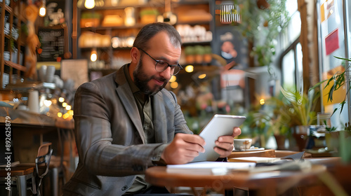 A businessman with glasses uses a tablet while working in a cozy cafe. The setting is warm and inviting with soft lighting.