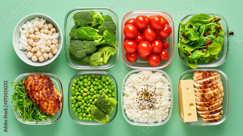 Fresh and Healthy Meal Prep with Chicken, Rice, Vegetables, and Salad in Glass Containers on a Vibrant Green Background