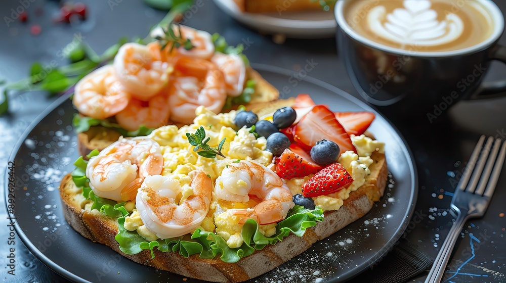 A beautiful plate of food with two open-faced sandwiches, one with shrimp and the other with eggs and berries. The plate is on a black table with a cup of coffee and a fork. A beautiful plate of food with two open-faced sandwiches, one with shrimp and the other with eggs and berries. The plate is on a black table with a cup of coffee and a fork.