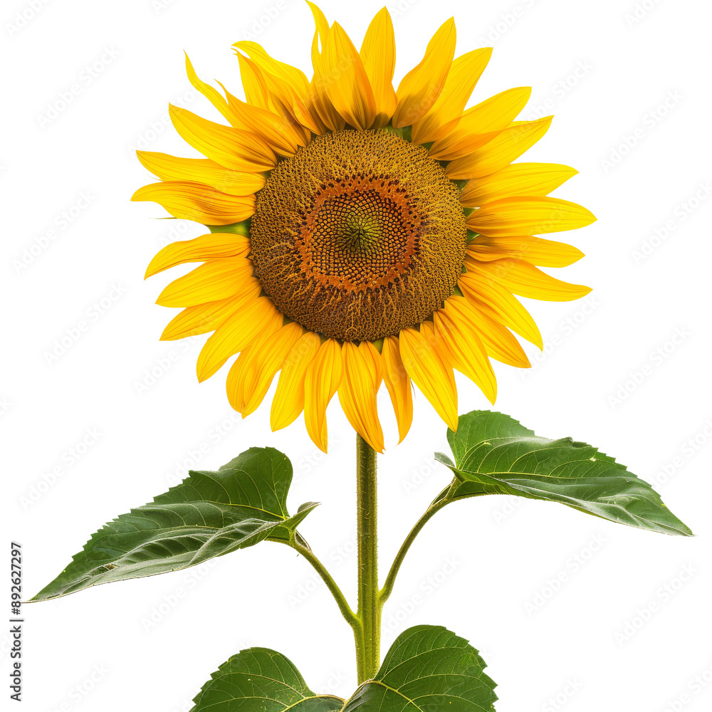 Fototapeta premium Vibrant Isolated Sunflower with Yellow Petals and Green Leaves.