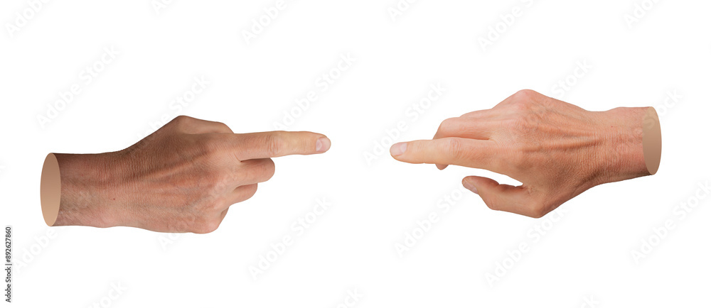 Tow hands, index fingers indicating, pointing at each other, isolated on white background. Tow hands, index fingers indicating, pointing at each other, isolated on white background.