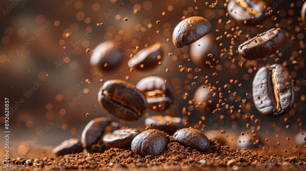 Close-up of Roasted coffee beans falling on heap against brown background. Close-up of Roasted coffee beans falling on heap against brown background.