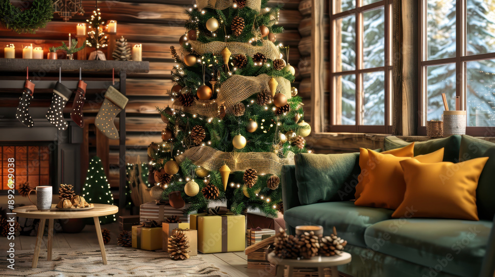 Cozy Christmas living room with a decorated tree, warm fireplace, and festive ornaments creating a holiday atmosphere Cozy Christmas living room with a decorated tree, warm fireplace, and festive ornaments creating a holiday atmosphere