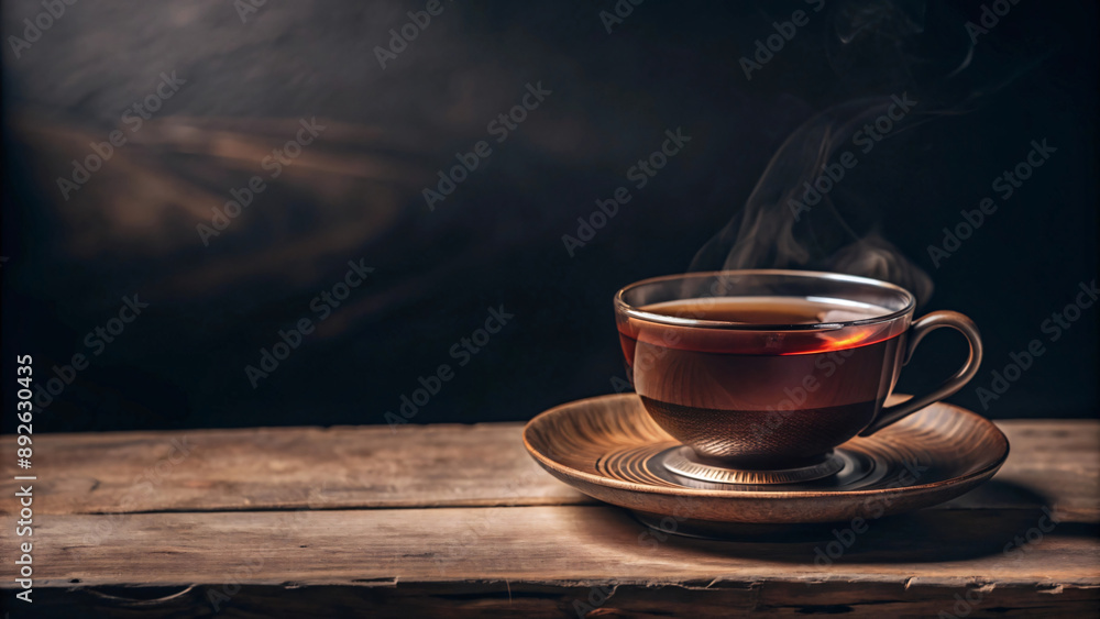 Cup of tea on a table with steam rising and soft light Cup of tea on a table with steam rising and soft light