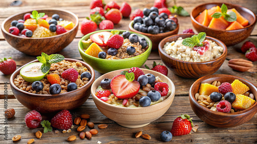 A table set with various breakfast bowls, each filled with fresh fruit, berries, granola, and other healthy ingredients A table set with various breakfast bowls, each filled with fresh fruit, berries, granola, and other healthy ingredients